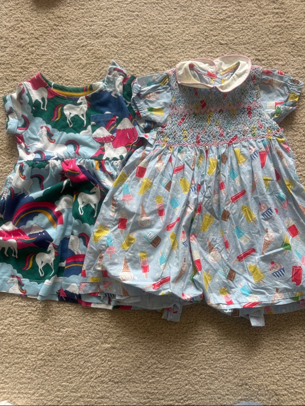 Mini Boden Girls Unicorn & Ice Cream Print Dress Pair - Blue, Teal, Pink
